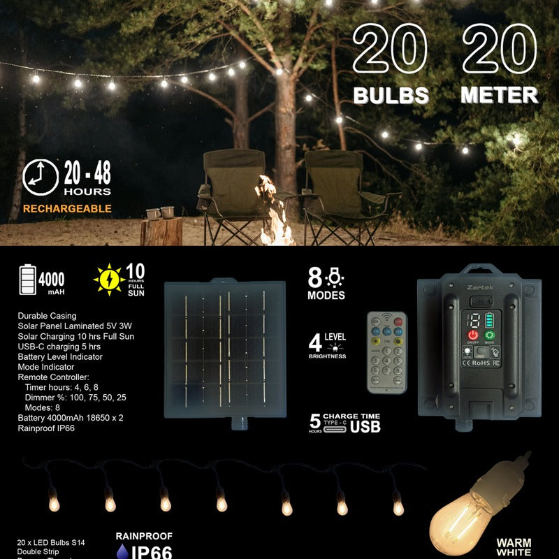 Zartek ZA-372 Solar Festoon Light String 20m 20 LED Bulbs 500 Lumen 8 Modes with Remote IP66