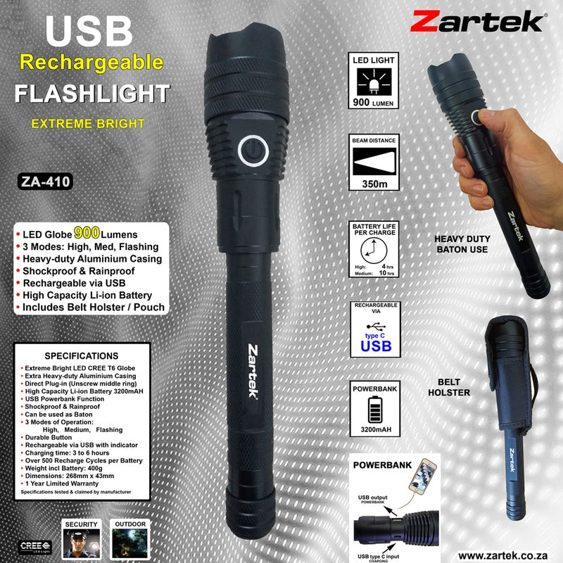 Zartek ZA-410 LED Heavy Duty Aluminium Baton Torch 900 Lumen USB Rechargeable Powerbank