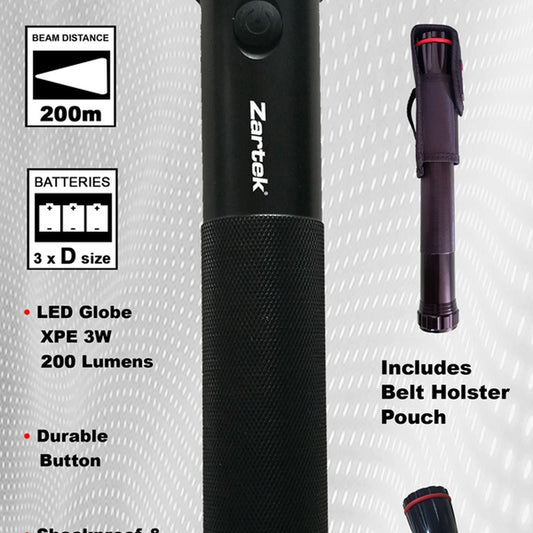 Zartek ZA-411 LED Aluminium Heavy Duty Baton Torch 200 Lumen with Belt Pouch 3 x D Batteries