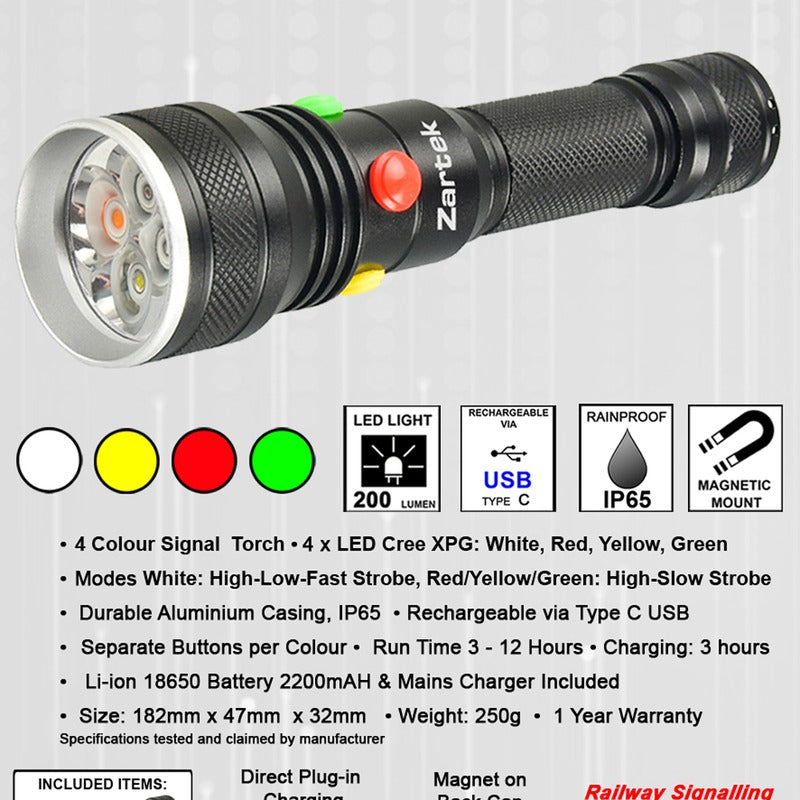 Zartek ZA-414 4 LED Colour Signal Torch White Red Yellow Green Aluminium IP65 USB-C