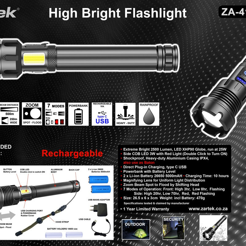Zartek ZA-419 High Bright Flashlight 2500 Lumen with Side COB LED USB Rechargeable Powerbank Baton