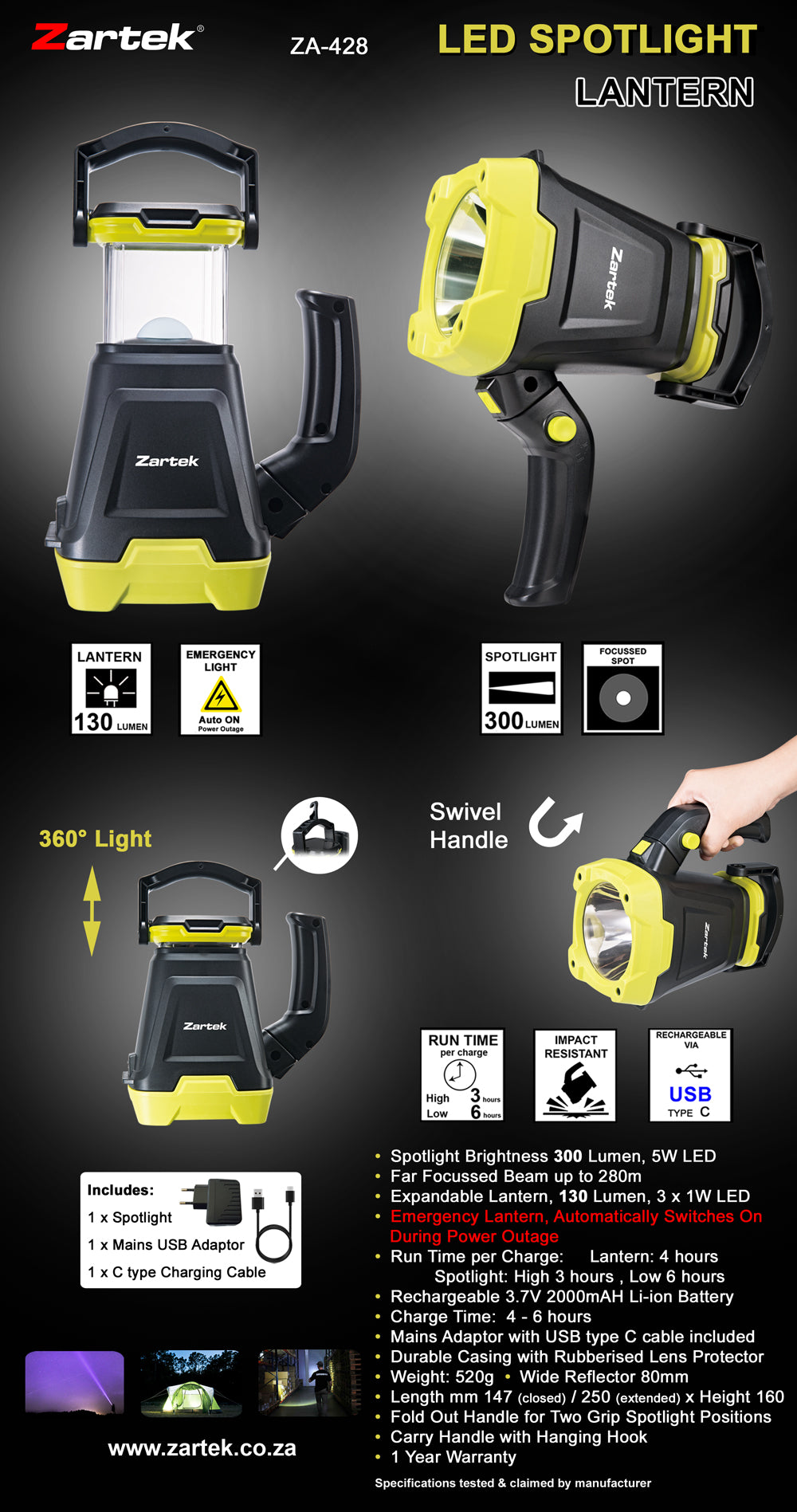 Zartek ZA-428 LED Spotlight 300 Lumen with Expandable Emergency Lantern Auto Power On USB-C