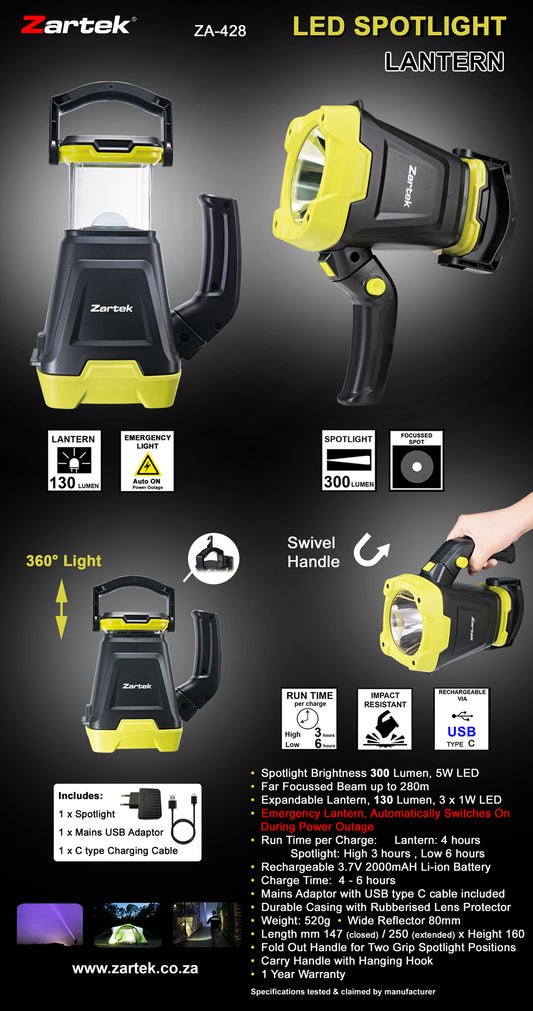 Zartek ZA-428 LED Spotlight 300 Lumen with Expandable Emergency Lantern Auto Power On USB-C