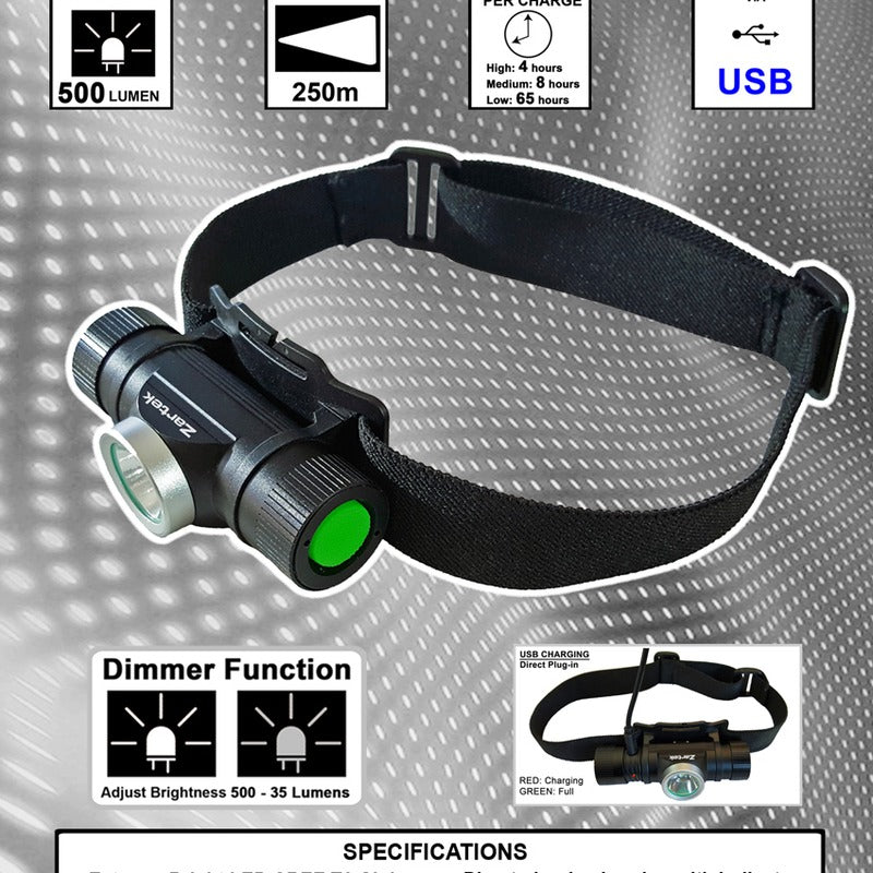 Zartek ZA-436 Headlamp LED 500 Lumen USB Rechargeable Aluminium Dimmer Function