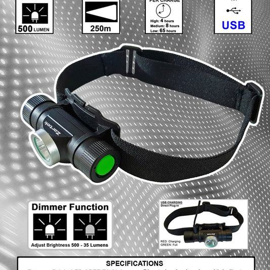 Zartek ZA-436 Headlamp LED 500 Lumen USB Rechargeable Aluminium Dimmer Function