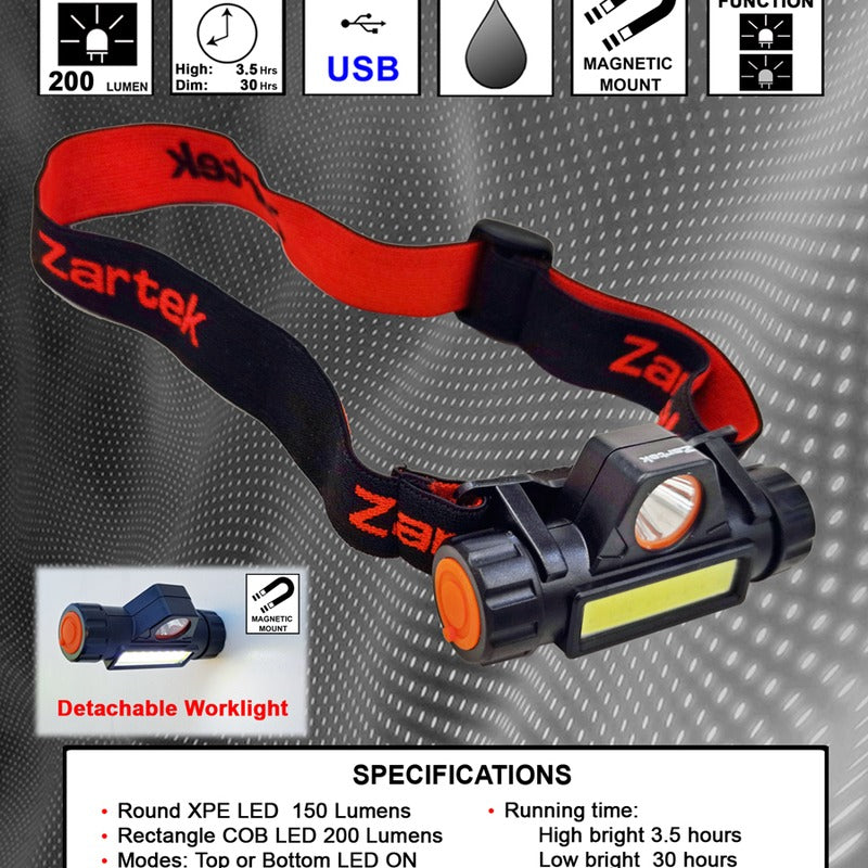 Zartek ZA-437 Headlamp LED 150 Lumen Round 200 Lumen Rectangle USB Rechargeable Magnetic