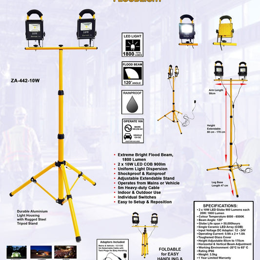 Zartek ZA-442-10W Dual LED Portable Floodlight with Tripod Stand 20W 1800 Lumen 5m Cable