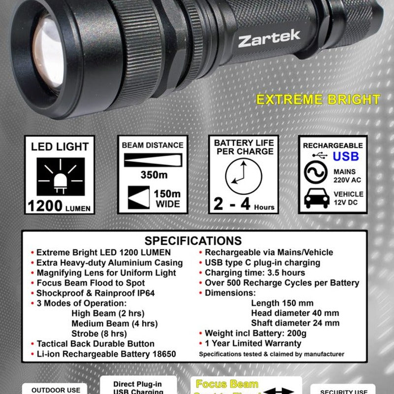Zartek ZA-457 Extreme Bright Tactical Flashlight 1200 Lumen Heavy Duty Focus USB-C Rechargeable