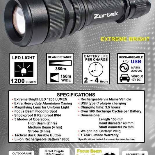 Zartek ZA-457 Extreme Bright Tactical Flashlight 1200 Lumen Heavy Duty Focus USB-C Rechargeable