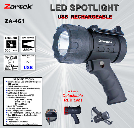 Zartek ZA-461 Bright Spotlight LED 500 Lumen USB Rechargeable Rubberised with Red Lens