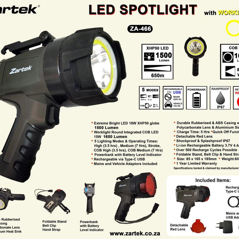 Zartek ZA-466 Bright Spotlight 1500 Lumen with Round COB Worklight 1650 Lumen USB-C IP67