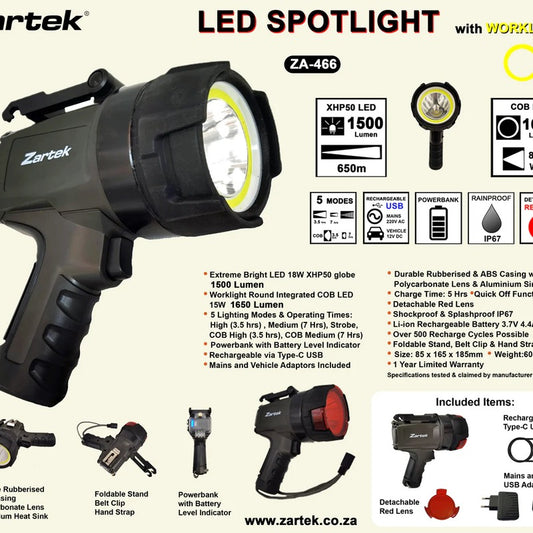 Zartek ZA-466 Bright Spotlight 1500 Lumen with Round COB Worklight 1650 Lumen USB-C IP67
