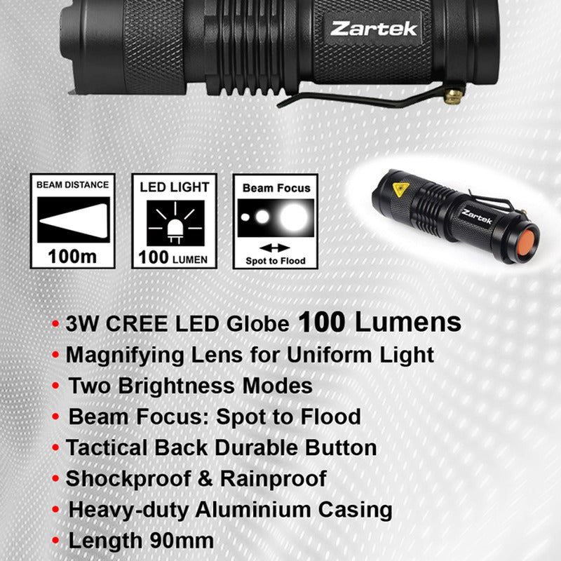 Zartek ZA-491 LED Aluminium Torch 100 Lumen Zoom 1 AA Battery