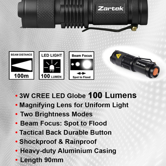 Zartek ZA-491 LED Aluminium Torch 100 Lumen Zoom 1 AA Battery