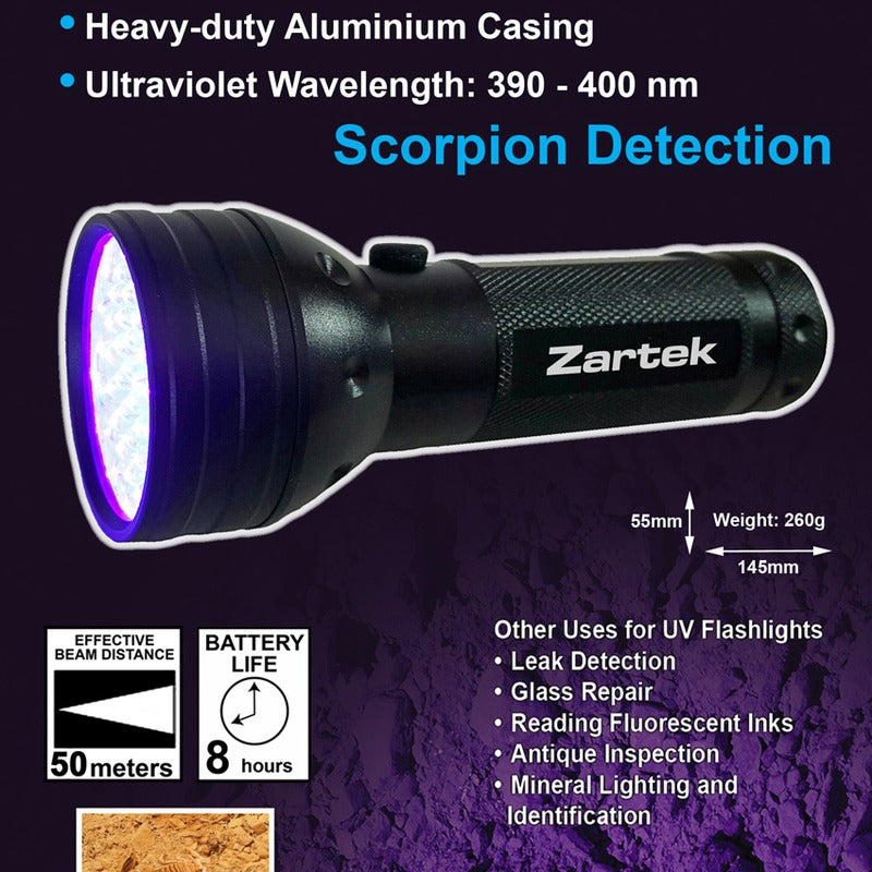 Zartek ZA-495 UV Flashlight Scorpion Detection 51 LED Aluminium 3 AA Batteries