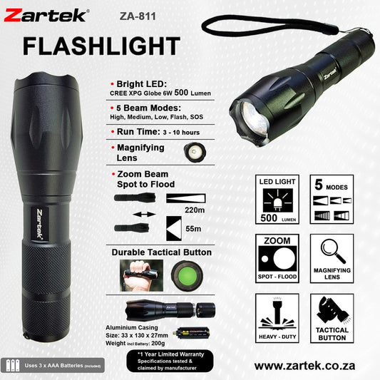 Zartek ZA-811 LED Flashlight 500 Lumen Heavy Duty Aluminium uses 3 x AAA Batteries