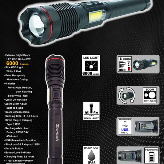 Zartek ZA-816 Extreme Bright Flashlight 6000 Lumen COB with Side Light USB-C Aluminium Powerbank