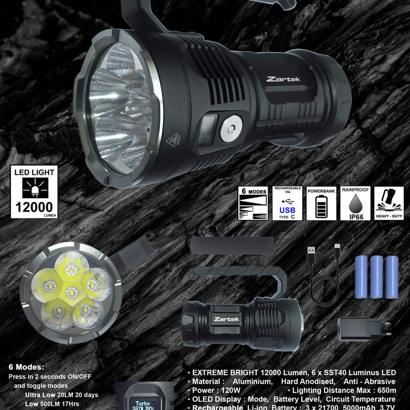 Zartek ZA-818 Extreme Bright Flashlight 12000 Lumen 6x SST40 LED OLED Display USB-C Powerbank