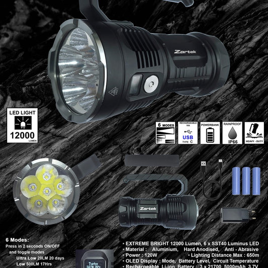Zartek ZA-818 Extreme Bright Flashlight 12000 Lumen 6x SST40 LED OLED Display USB-C Powerbank