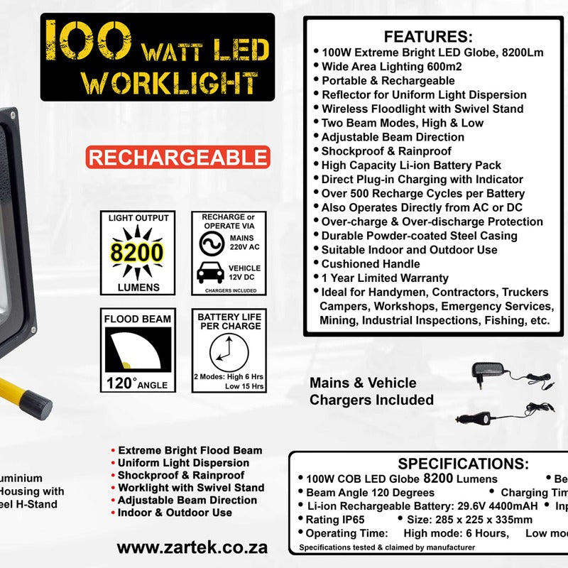 Zartek ZA-820 Worklight 100 Watt LED 8200 Lumen Extreme Bright Rechargeable Metal Rainproof
