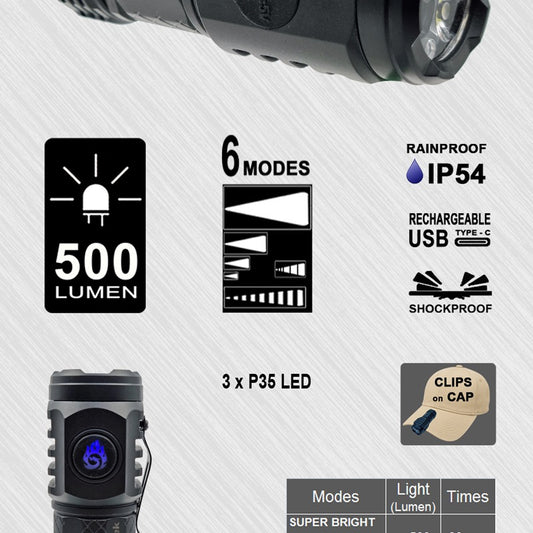 Zartek ZA-850 Mini Flashlight 500 Lumen Plastic USB-C Rechargeable Li-ion IP54