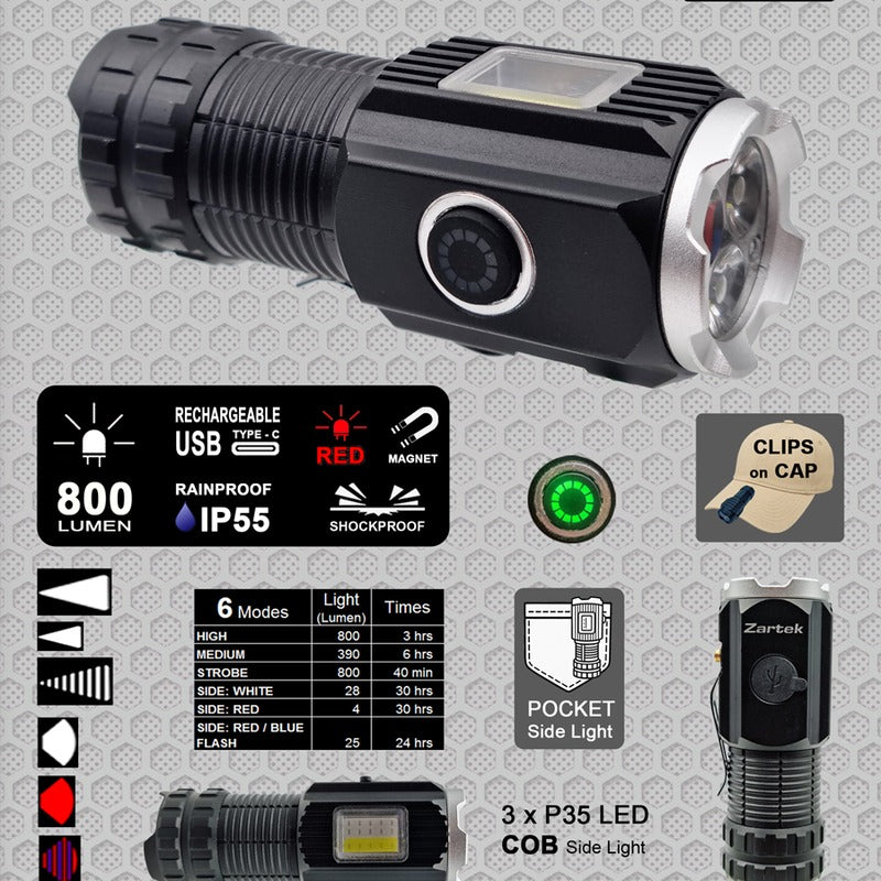 Zartek ZA-851 Mini Flashlight 800 Lumen Front with Side COB Aluminium Magnetic IP55 USB-C