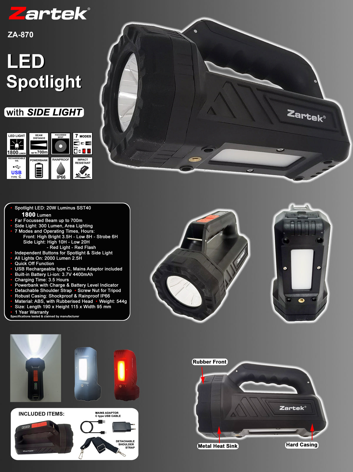 Zartek ZA-870 Bright Spotlight 1800 Lumen with Side Worklight 300 Lumen USB-C Powerbank IP66