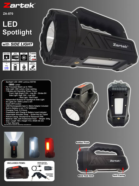 Zartek ZA-870 Bright Spotlight 1800 Lumen with Side Worklight 300 Lumen USB-C Powerbank IP66