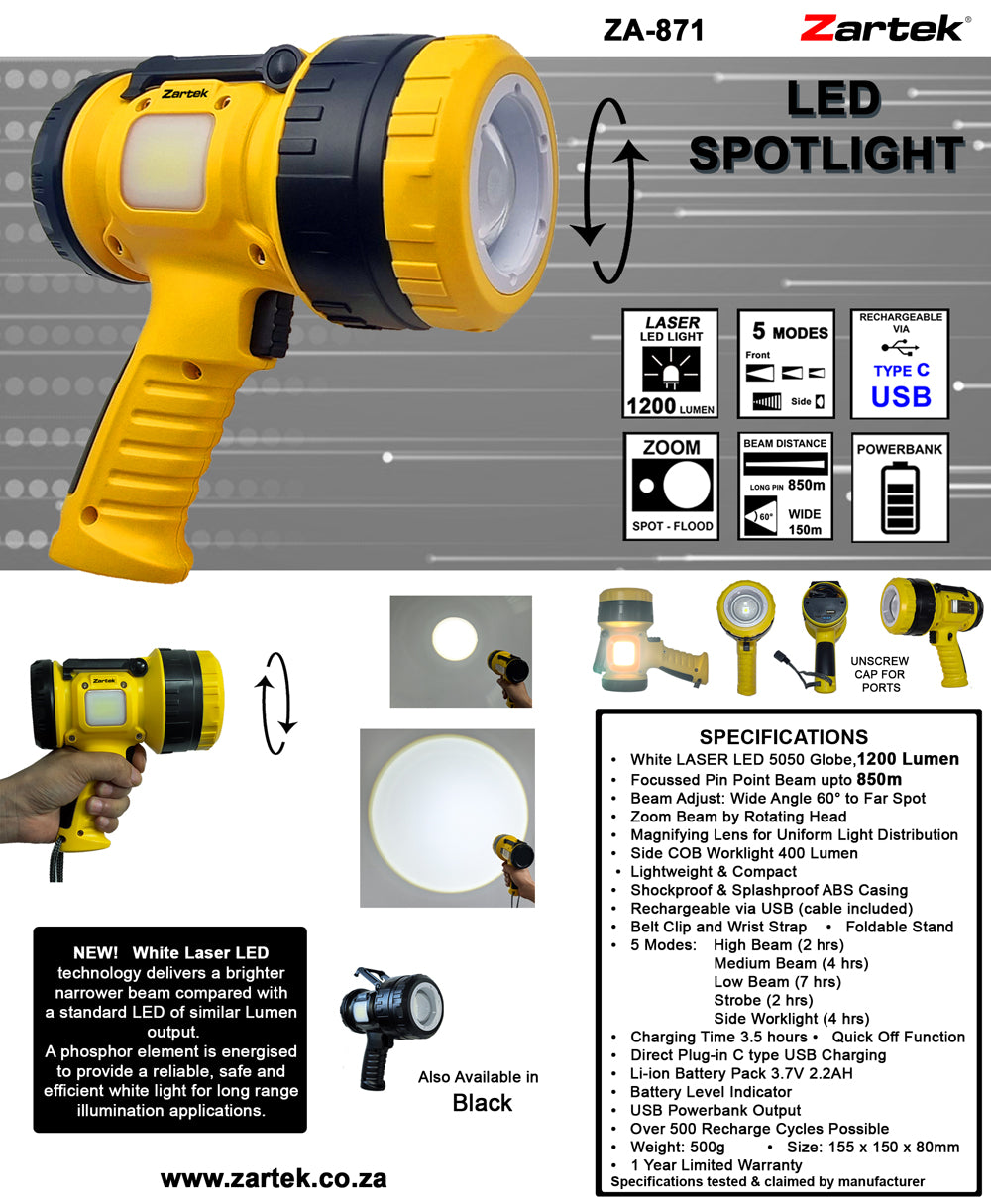 Zartek ZA-871-Y Laser LED Spotlight Yellow 1200 Lumen Distance 850m Wide to Zoom USB-C