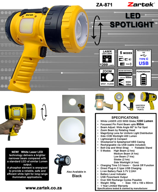 Zartek ZA-871-Y Laser LED Spotlight Yellow 1200 Lumen Distance 850m Wide to Zoom USB-C