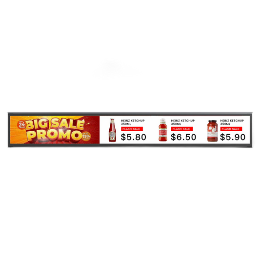 ZKong 10.95 inch e-ink shelf stretch display showing a promotional price strip on a retail shelf edge